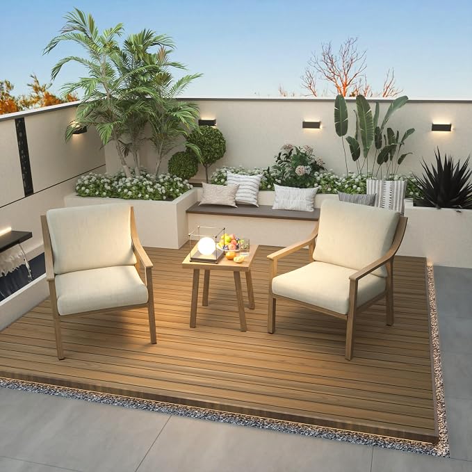 3-Piece Patio Conversation Set Aluminum for Outdoor Porch, Deck,(Beige) | All-Weather Aluminum Outdoor Conversation Set 1 Side Table and 2 Cushioned Armchairs rustproof