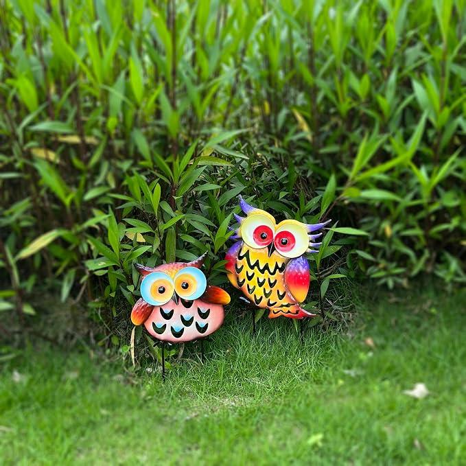 Pack of 2 Metal Fresh Color Owl Garden Statues Silhouette Owl Stakes Decorative Outdoor Statues Animal Sculptures for Yard Décor and Lawn Ornaments, MX202303-1 | Weatherproof metal. Fresh colored 2-pack silhouette stakes. Perfect for garden, yard, pati...