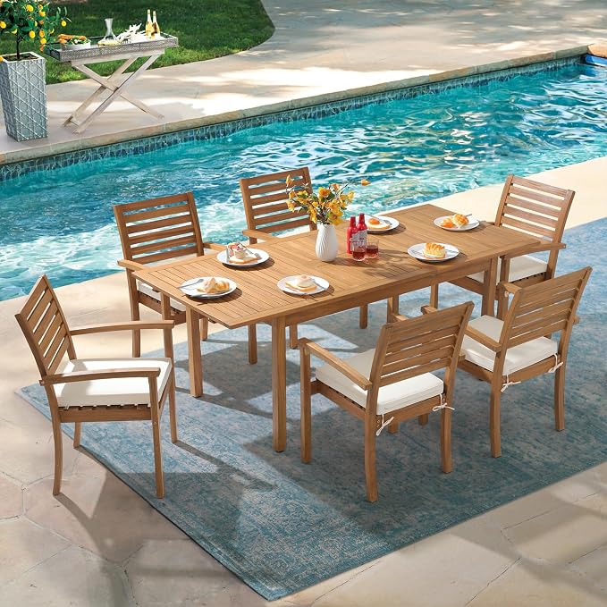 OC Orange-Casual 7 Piece Patio Dining Set, Outdoor Acacia Wood Furniture Set, Extendable Rectangular Table and 6 Stackable Chairs w/Removeable Fabric Cushion, White Cushion
