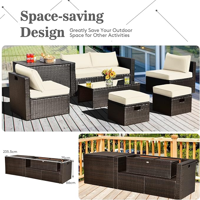 RELAX4LIFE 8-Piece Patio Furniture Set - PE Wicker Conversation Set w/Cushions, Pillows, Tempered Glass Table, Storage Box, Outdoor Sectional Sofa Set for Yard, Deck (White)