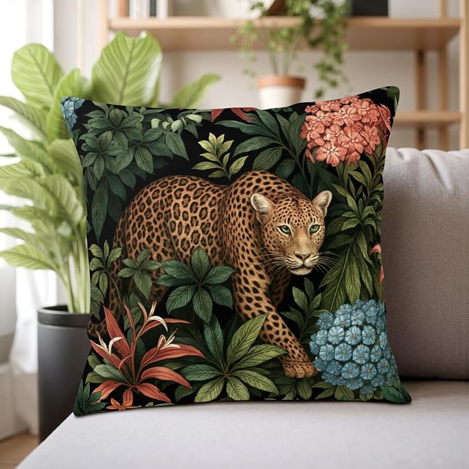 Leopard Pillow Covers Summer Tropical Cheetah Pillow Cases 22x22 Set of 2 Jungle Animal Print Throw Pillow Covers Floral Pink Daisy and Palm Leaves Cushion Cases for Sofa Porch