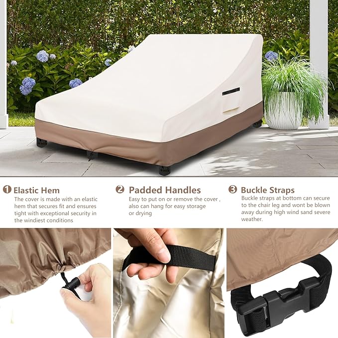 Okcool 100% Waterproof Patio Double Wide Chaise Lounge Chair Cover, 600D Tough Canvas 80 Inch Outdoor Chaise Lounge Covers,Beige & Brown