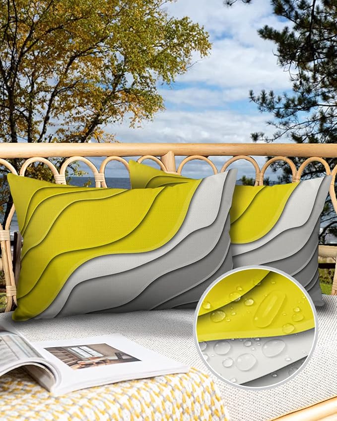 Modern Geometric Outdoor Waterproof Pillow Covers for Patio Furniture Yellow Decorative Throw Pillow Cover Abstract Beach Pillowcases Set of 2 Cushion Case for Sofa Couch Chair Home Decor 20 x 12 Inch
