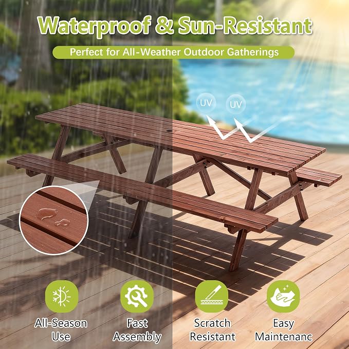 94.5'' Large Outdoor Dining Table, Rectangular Wooden Patio Dining Table & 2 Built-in Bench for 12, 2" Umbrella Hole, Suitable for Backyard Garden Porch, Brown