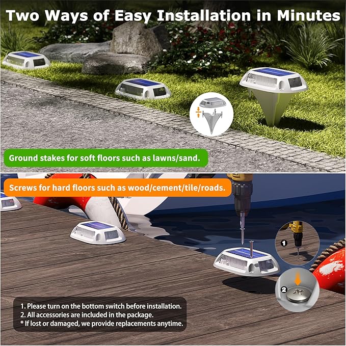 8Pack Aluminum Alloy Solar Driveway Lights, IP68 Solar Deck Light Marine Dock Lights Outdoor Waterproof, Multi-color LED Driveway Markers for Walkway, Path Decor [12Modes - Strobe/RGB/Fix-color]
