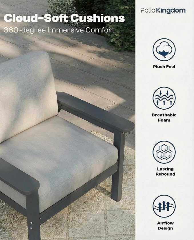 HDPE 5 Piece Patio Furniture Set, Outdoor Sectional Furniture with Grey Washable Thick Cushions & Coffee Table, Patio Conversation Sets for Garden, Porch, Balcony, Deck (Grey Frame)
