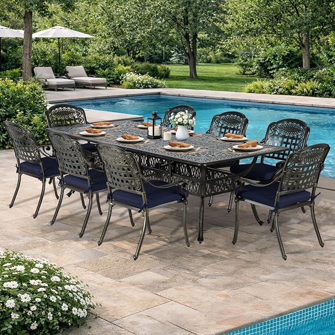 VIVIJASON 9-Piece Outdoor Dining Set, Cast Aluminum Retro Patio Furniture Table and Chairs Set for 8, Include Large 94.5" Rectangular Dining Table and 8 Chairs with Umbrella Hole, Navy Blue Cushion