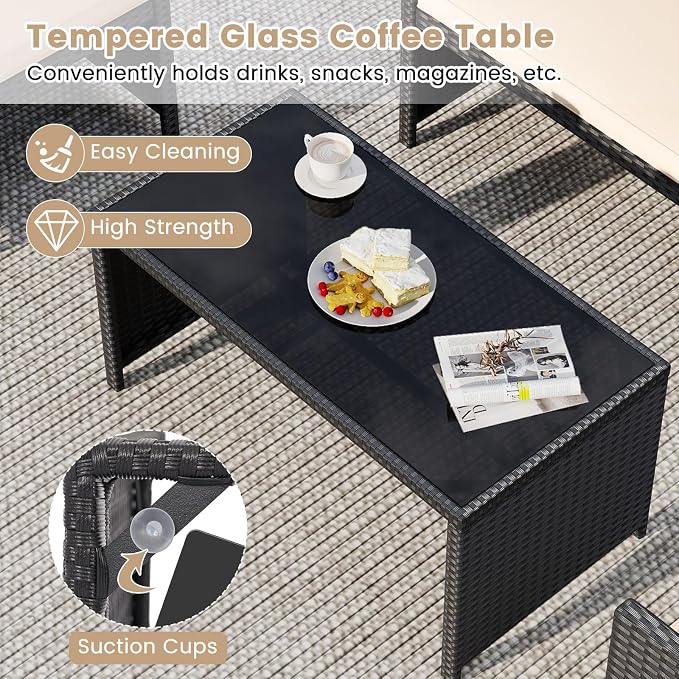 Tangkula 4 Pieces Patio Wicker Furniture Set, Outdoor Heavy Duty Rattan Cushioned Chairs, Loveseat and Tempered Glass Coffee Table, for Backyard, Balcony, Poolside (1, Off White)