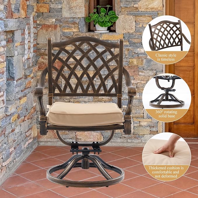 7-Piece Cast Aluminum Outdoor Table and Chairs, Antique Bronze Patio Dining Set for 6 Include 60" Rectangular Outdoor Dining Table and 6 Swivel Chairs with Removable Cushion and Umbrella Hole