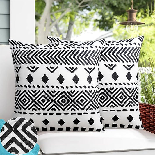 Adabana Outdoor Waterproof Pillow Covers 18x18 Set of 2 White Boho Design | Waterproof Fabric Designed for Patio Furniture, Porch, Balcony and Garden Decor