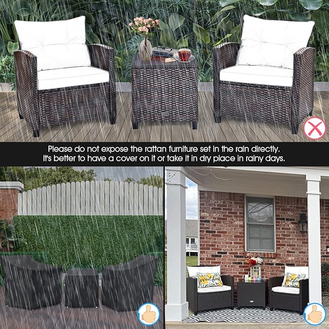 Tangkula 3 Pieces Patio Furniture Set, PE Rattan Wicker 3 Pcs Outdoor Sofa Set w/Washable Cushion and Tempered Glass Tabletop, Conversation Furniture for Garden Poolside Balcony (Beige)