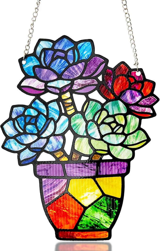 Plant Suncatcher Glass, Stained Glass Suncatcher Plant Window Hanging, Unique Nature Lover Gifts Leaf Idea (Succulent)