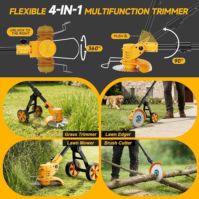Electric Weed Wacker Cordless with Wheels,Electric Weed Eater Battery Powered,4 in 1 Grass Trimmer/Brush Cutter/Grass Edger/Small Lawn Mower,No String Trimmer with Metal Blade,2 Battery (Black Yellow)