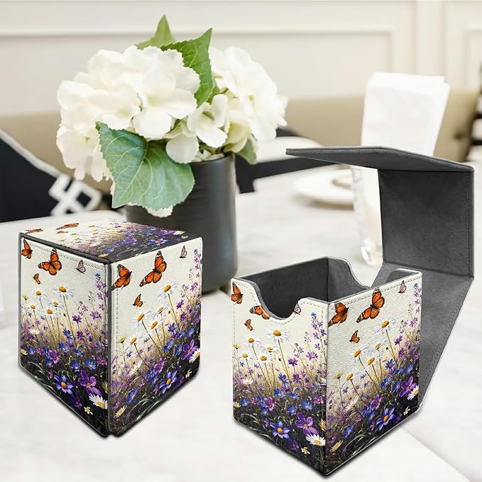Purple Flower Butterfly Card Deck Box for MTG, Personalized Card Storage Case Fits 120+ Sleeved Cards, Premium Leather TCG Box with Strong Magnetic Closure for Magic, PTCG, Baseball Cards
