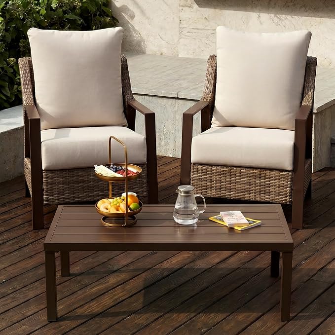 3 Piece Wicker Patio Bistro Set, All Weather Outdoor Conversation Set with Thick Washable Olefin Cushions, 2 Armchairs & Coffee Table for Backyard Deck Porch, Beige