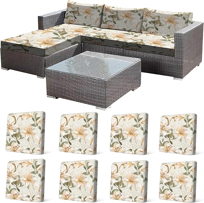 CALBODE 8 Pcs Stretch Outdoor Seat Cushion Covers, Washable Chair Seat Cover for Patio Furniture Cushions Soft Indoor and Outdoor Couch Cover Replacement (Lily, Cover Only)