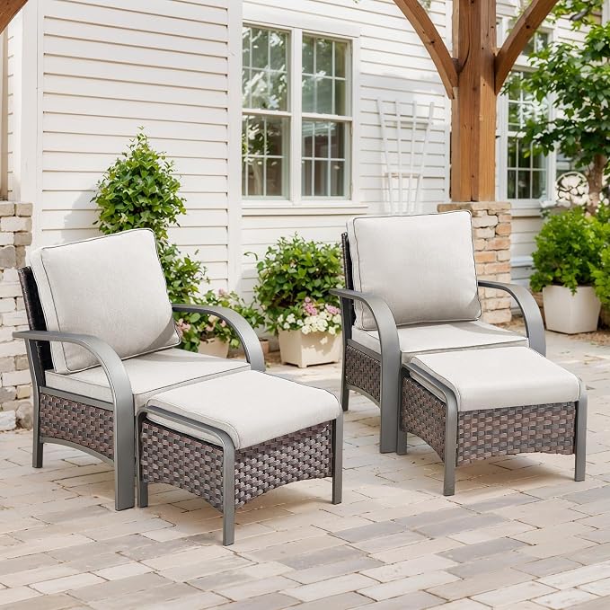 Belord 4 Pieces Wicker Patio Furniture Set Outdoor Patio Chairs with Ottomans All Weather Rattan Outdoor High Back Deep Seating Furniture for Porch Deck Sunroom Backyard