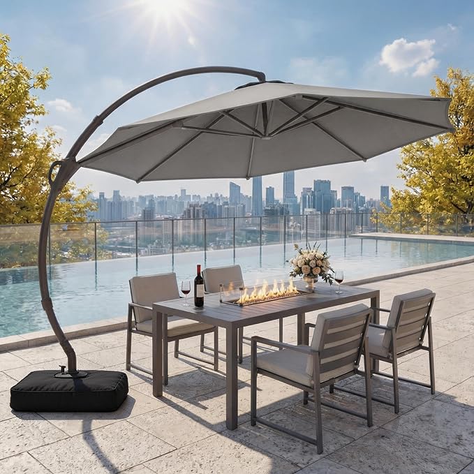 LAUSAINT HOME 11ft Patio Cantilever Umbrella with Base Included, Outdoor Curvy Round Offset Umbrella, Heavy Duty Aluminum, 360° Rotation for Pool, Deck, Lawn, Backyard (Grey)