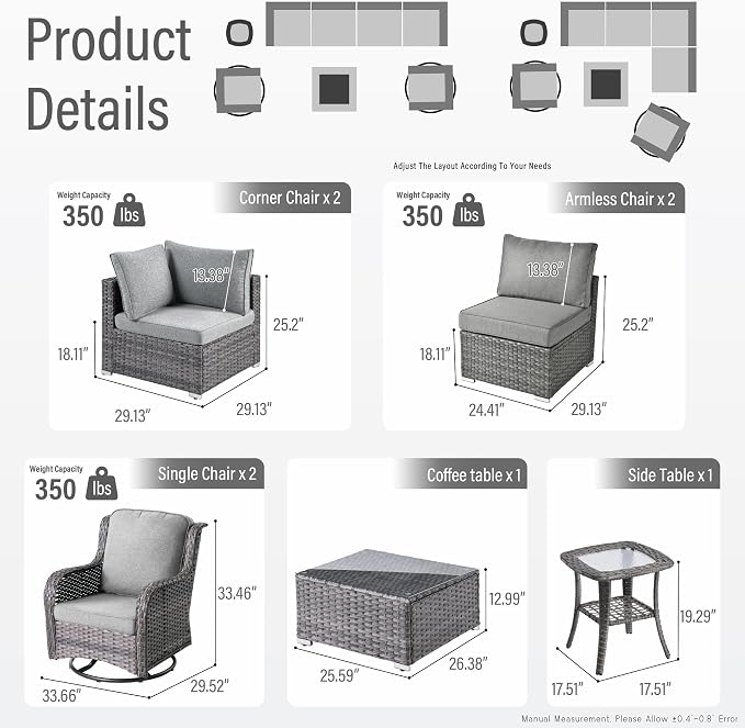 HOOOWOOO Patio Outdoor Sectional Furniture Sofa Set with Swivel Chairs,8 Piece L Shaped Corner Wicker Rattan Couch Set with Glass Table,Modern 6 Persons Summer Patio Conversation Set(Charcoal Gray)
