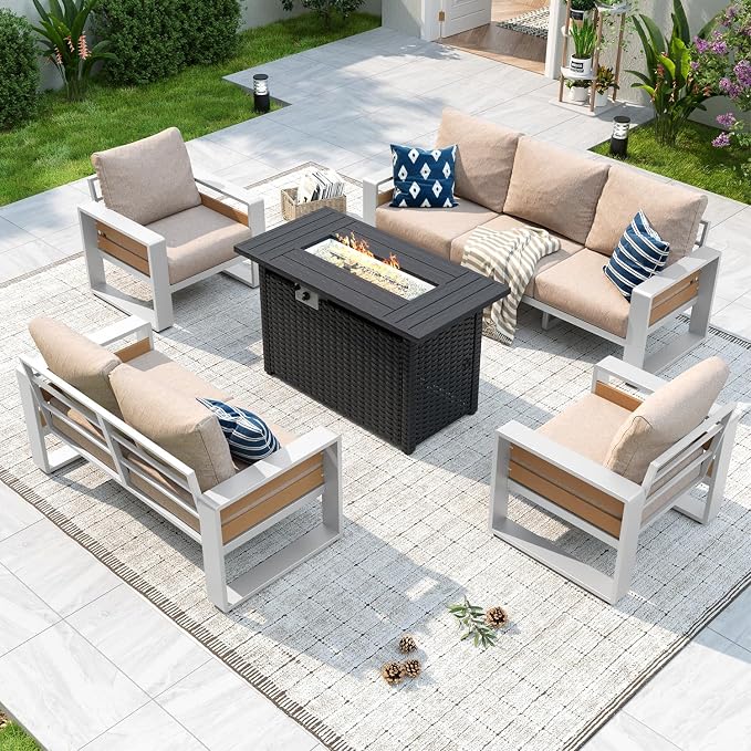 Aoxun Aluminum Patio Furniture Set with Fire Pit Table, 5 Piece Luxury Outdoor Sectional with 6" Olefin Fabric Cushions, Patio Conversation Sets with Waterproof Cover for Backyard, Porch Beige
