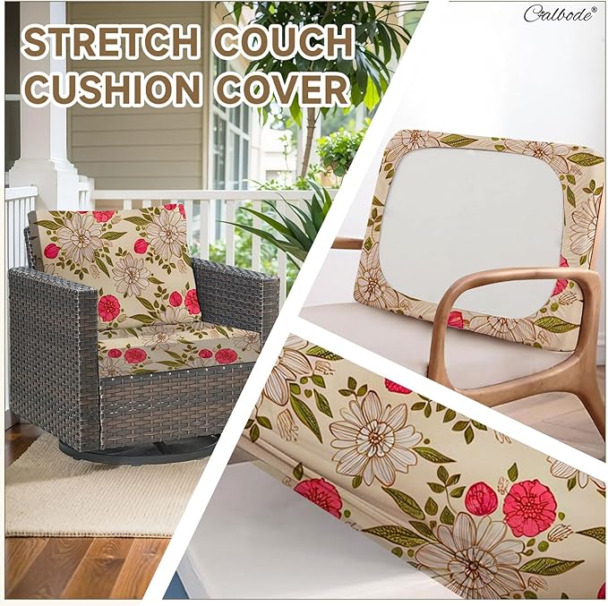 CALBODE 14Pcs Stretch Patio Cushion Cover, Floral Couch & Sofa Slipcovers for Patio Furniture Cushions Washable Reusable Couch Covers Replacement for All-Season (Rosy Pink Floral,Cover Only)