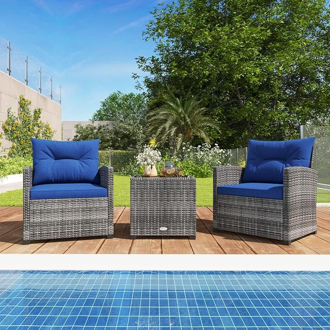 ORALNER 3 Pieces Patio Furniture Set, Outdoor Wicker Conversation Set, Rattan Chairs with Soft Cushions, Glass Coffee Table, Patio Bistro Set for Balcony Garden Deck Front Porch Poolside (Navy Blue)