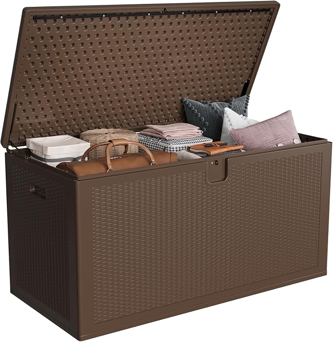 150 Gallon Resin Deck Box, Heavy Duty Outdoor Storage Box with Lockable Lid, Waterproof Weatherproof Container for Patio Cushions, Garden Tools, Backyard & Porch – Brown
