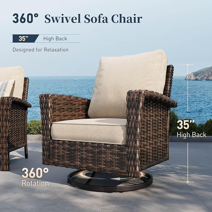 SUNSHINE VALLEY Patio Wicker Swivel Chairs Set of 2, Outdoor High Back Chairs with 5.5" Waterproof Cushions, Outdoor Furniture Set for Deck Porch and Yard, Beige