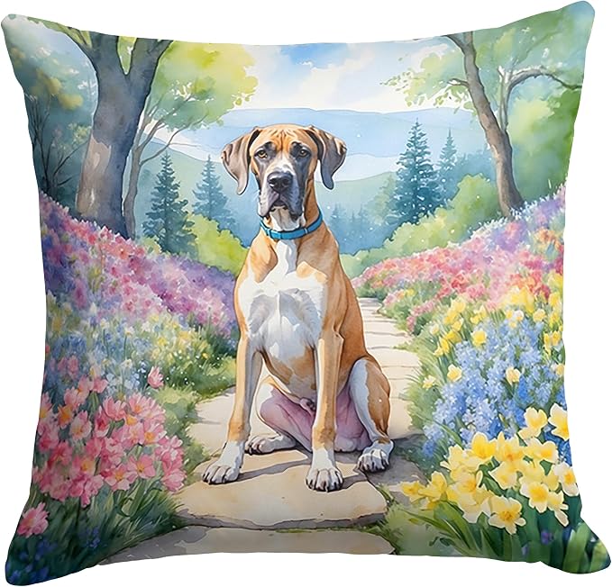Caroline's Treasures Great Dane Spring Path Throw Pillow Machine Washable, Indoor Outdoor Decorative Pillow for Couch, Bed or Patio, 14Hx14W