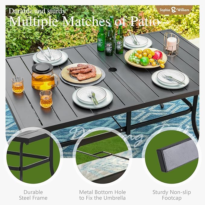 Sophia & William 7 Pieces Patio Dining Set for 6 People, Metal Patio Table and Rattan Chairs Set, Rectangular Outdoor Table and Wicker Chairs with 1.57"-1.9" Adjustable Umbrella Hole, Seat Cushion