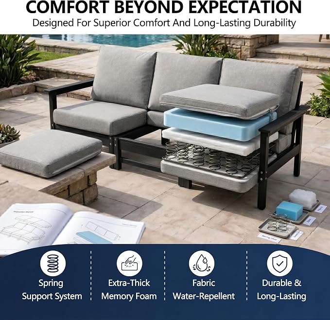 4-Piece Outdoor Patio Furniture Set, Modular HDPE Conversation Set with Loveseat, 2 Armchairs & Large Coffee Table, Waterproof & UV-Resistant Outdoor Sofa with Cushions for Garden