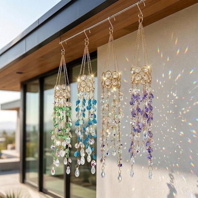 Crystal Suncatchers for Window Hanging Decor, Prism Rainbow Maker with Chain & Hook, Ornament for Ceiling, Garden, Home, Indoor & Outdoor Decoration, Transparent/Ab