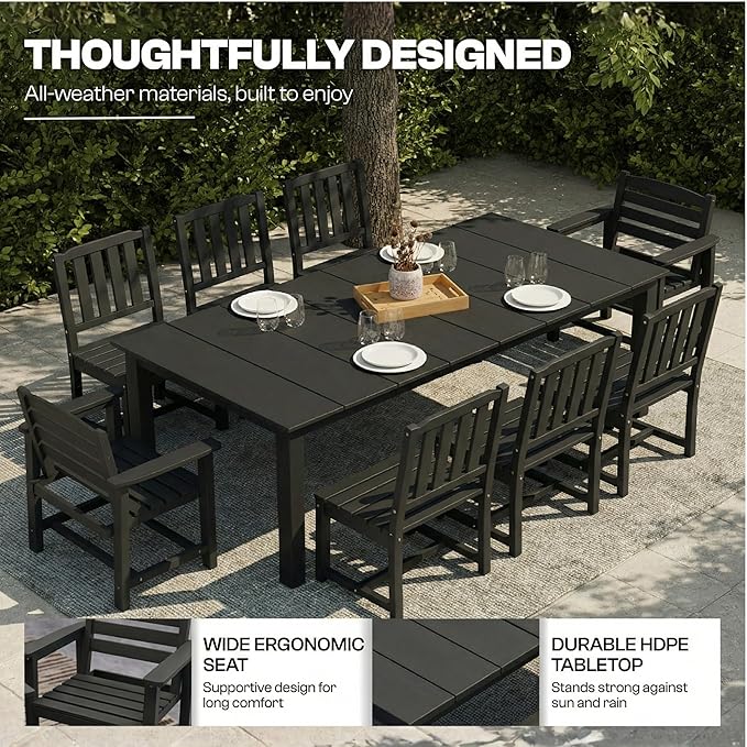 7-Piece Outdoor Dining Set for 6, 75.2" HDPE Patio Table with Umbrella Hole & 6 Chairs, Weather-Resistant Wood-Look Patio Furniture for Garden, Lawn, Deck, or Poolside (Black)