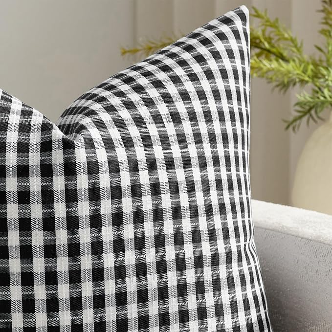 Black and White Plaid Outdoor Throw Pillow Covers 18x18 Set of 2, Waterproof Farmhouse Pillow Cases, Modern Gingham Decorative Cushion Covers for Patio Furniture Garden