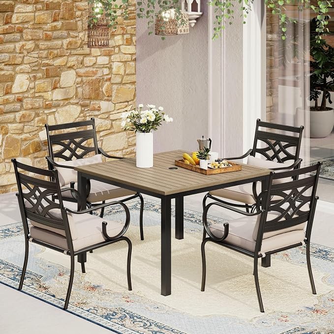 MFSTUDIO Patio Dining Set, 42" Square Wood-Look Table, Fixed Chairs | Umbrella Hole, Seats 4, All-Weather Use