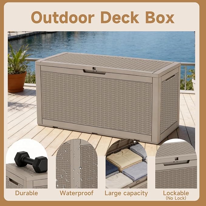 120 Gallon Weatherproof Large Storage Box, Beige | Lockable Resin Outdoor Package Delivery Box & Durable Extra Bench, UV Protected & Rustproof, Holds Pool Floats & Garden Tools