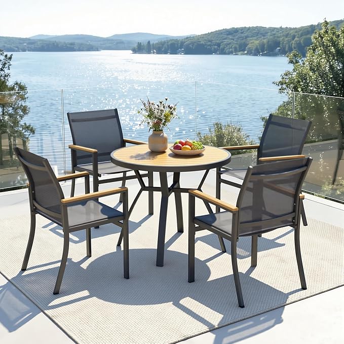 5-Pieces Aluminum Patio Table and Chairs Set, Outdoor Patio Furniture Set with Heavy Duty HDPS Round Table, All-Weather Outdoor Dining Set with Breathable Quick-Drying Textilene Chairs for Patio