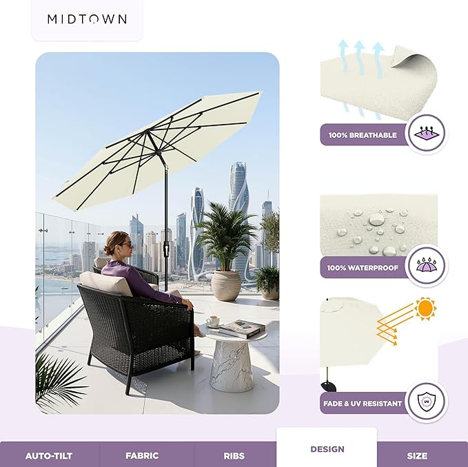 Midtown Umbrellas – The Swilt 8 Ft Patio Umbrella with 360° Swivel & Tilt Mechanism, Sunbrella Fabric & 8 Fiberglass Ribs – Outdoor Umbrella for Deck, Pool & Cafes – Canvas Natural Canopy, Black Pole