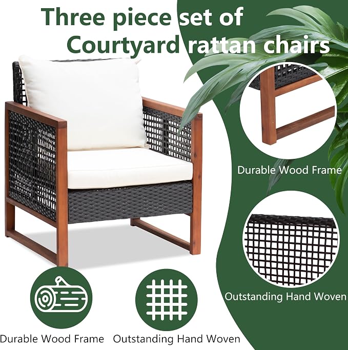 PayLessHere 3-Piece Outdoor Patio Furniture Set Modern Rattan Bistro Conversation Set with Acacia Wood Frame, Coffee Table, and Water-Resistant Cushions for Balcony, Garden, or Backyard (Khaki)