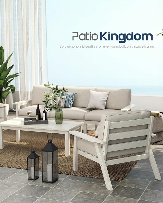 Patio Furniture Set 2 Seats, HDPE Outdoor Sectional with Beige Washable Thick Cushions, Coffee Table, Patio Conversation Sets for Lawn, Garden, Porch, Balcony, Deck (White Frame)