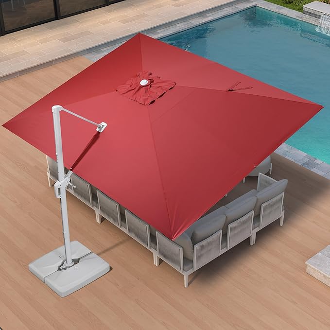 PURPLE LEAF 10' × 13' Patio Umbrella With Base White Cantilever Umbrella Square Outdoor Offset Umbrella Windproof with 360° Rotation for Garden Deck Pool, Ruby Red