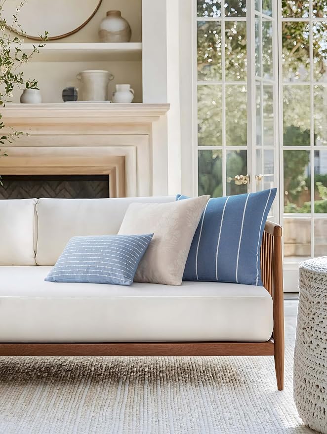Coastal Linen Indoor Outdoor Throw Pillow Cover Only, 22"x22" Water Repellent for Patio, Backyard, Couch, Azure Blue Embroidered Stripes