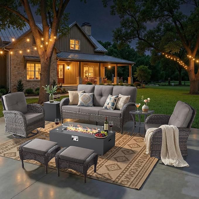 HUMMUH Luxury Patio Furniture Set with High Back Swivel Rocker Chairs & 3 Seater-Couch & Steel Fire Pit Table & Ottomans 7 Pieces Outdoor Conversation Set for Porch,Deck,Backyard