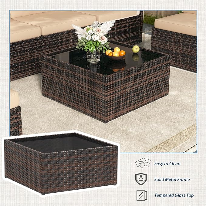 AECOJOY 7 Piece Outdoor Patio Furniture Set, Outdoor Sectional Conversation Furniture Chair with Coffee Table,Patio Sectional for Garden,Backyard(Khaki Cushions and Brown PE Rattan)