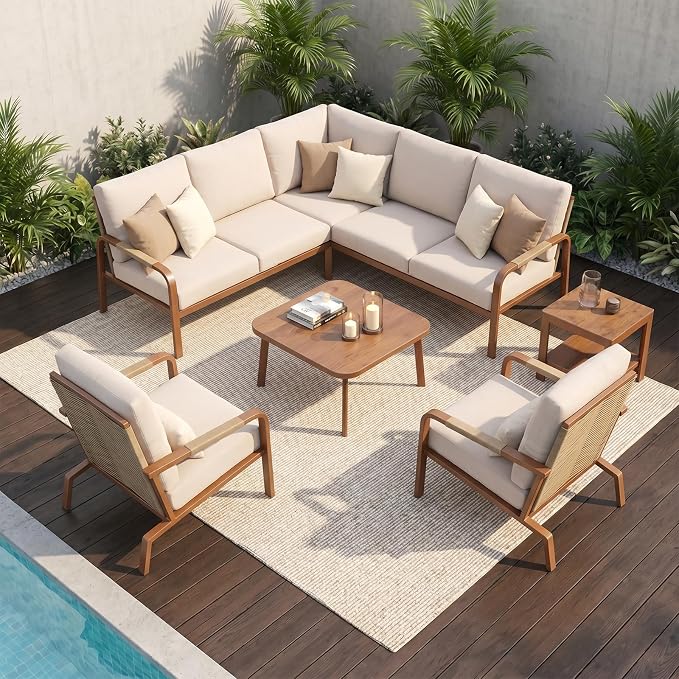 5-Piece Aluminum Patio Furniture Set, Outdoor L-Shaped Sectional Sofa with Coffee Table & Side Table, Patio 3-Piece Sofa Set, Thick Waterproof Cushions, Modern Outdoor Conversation Set, Beige