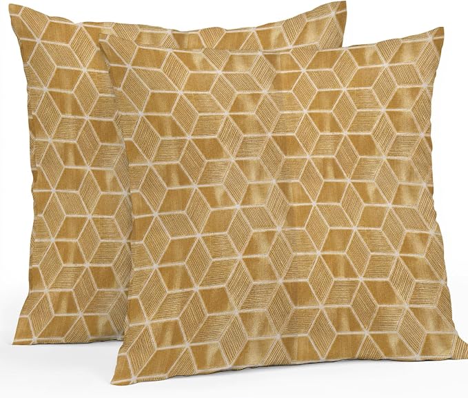 Tan Honeycomb Tiling Waterproof Outdoor Pillow Covers Set of 2 Home Decor, Wooden Grain Blocks Pillowcase Patio Pillow Covers for Couch Bench Patio Furniture Garden 26x26in