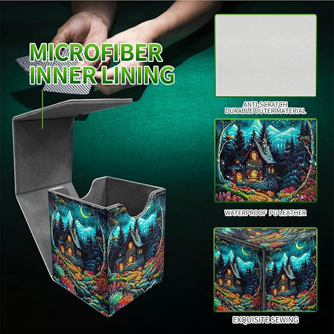 Deck Box for MTG, Cards Storage Box Fits 120+ Sleeved, Leather Medium Size Strong Magnetic Closing Card Case for Board Games Magic TCG CCG Baseball Collection, Creek Chateau