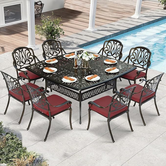 9 Piece Outdoor Patio Dining Set for 8, Cast Aluminium Large Square Dining Table & 8 Cushioned Stackable Chairs, Umbrella Hole, Patio Furniture Set for Garden Porch Poolside, Chili Red