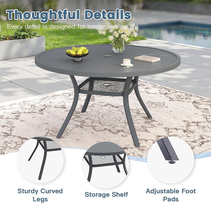 DIFY 5 Pieces Outdoor Dining Set for 4, 47.2" Round Dining Table with Umbrella Hole & Wicker Swivel Patio Chairs with Cushions, Metal Patio Table and Chairs Set for Backyard Porch Garden, Grey