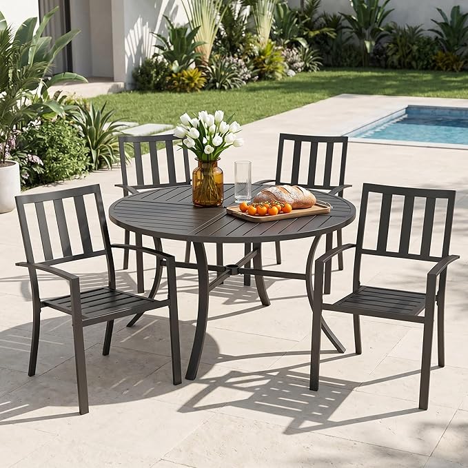 MFSTUDIO Round Outdoor Table and Chairs Set for 4 | Durable metal frame.Includes 4 chairs&patio table w/ umbrella hole.Perfect for deck,yard or patio.